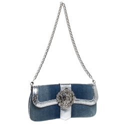 Pre Owned Roberto Cavalli Blue/Silver Denim and Snakeskin Flap Chain Clutch