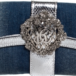 Pre Owned Roberto Cavalli Blue/Silver Denim and Snakeskin Flap Chain Clutch