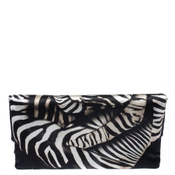 Pre Owned Roberto Cavalli Black Printed Satin Foldover Clutch