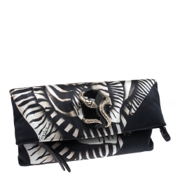Pre Owned Roberto Cavalli Black Printed Satin Foldover Clutch