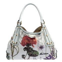 Pre Owned Roberto Cavalli White Floral Print Canvas and Leather Hobo