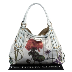Pre Owned Roberto Cavalli White Floral Print Canvas and Leather Hobo