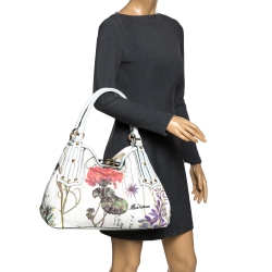 Pre Owned Roberto Cavalli White Floral Print Canvas and Leather Hobo