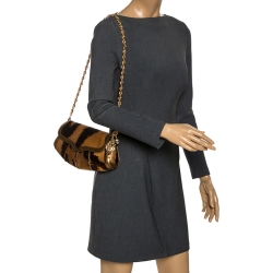 Pre Owned Roberto Cavalli Brown Printed Satin and Leather Charm Shoulder Bag