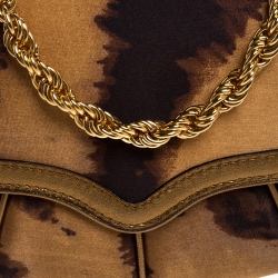 Pre Owned Roberto Cavalli Brown Printed Satin and Leather Charm Shoulder Bag