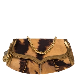 Pre Owned Roberto Cavalli Brown Printed Satin and Leather Charm Shoulder Bag