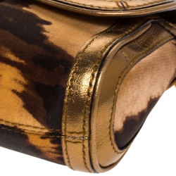 Pre Owned Roberto Cavalli Brown Printed Satin and Leather Charm Shoulder Bag
