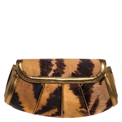 Pre Owned Roberto Cavalli Brown Printed Satin and Leather Charm Shoulder Bag