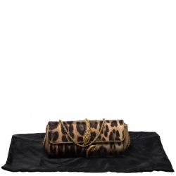 Pre Owned Roberto Cavalli Brown Leopard Print Satin and Leather Serpent Chain Clutch