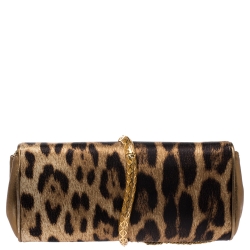 Pre Owned Roberto Cavalli Brown Leopard Print Satin and Leather Serpent Chain Clutch
