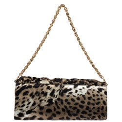 Pre Owned Roberto Cavalli Brown/Black Leopard Print Satin Pleated Chain Clutch