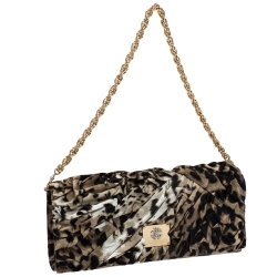 Pre Owned Roberto Cavalli Brown/Black Leopard Print Satin Pleated Chain Clutch