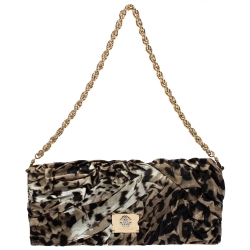 Pre Owned Roberto Cavalli Brown/Black Leopard Print Satin Pleated Chain Clutch