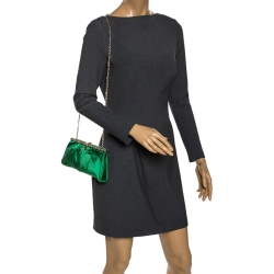 Pre Owned Roberto Cavalli Green Satin Embellished Frame Chain Clutch