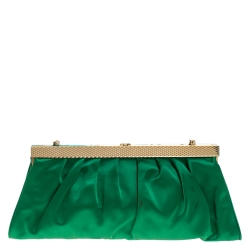 Pre Owned Roberto Cavalli Green Satin Embellished Frame Chain Clutch