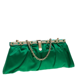 Pre Owned Roberto Cavalli Green Satin Embellished Frame Chain Clutch