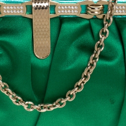 Pre Owned Roberto Cavalli Green Satin Embellished Frame Chain Clutch