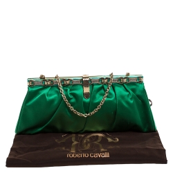 Pre Owned Roberto Cavalli Green Satin Embellished Frame Chain Clutch