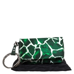 Pre Owned Roberto Cavalli Green/White Satin and Leather Serpent Wristlet Clutch