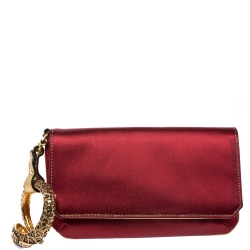 Roberto Cavalli Red/Gold Satin and Leather Serpent Wristlet Clutch 