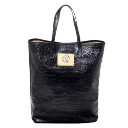 Roberto Cavalli Black Croc Embossed Leather Logo Plaque Tote