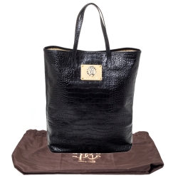Roberto Cavalli Black Croc Embossed Leather Logo Plaque Tote