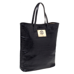 Roberto Cavalli Black Croc Embossed Leather Logo Plaque Tote