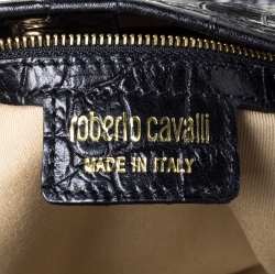 Roberto Cavalli Black Croc Embossed Leather Logo Plaque Tote