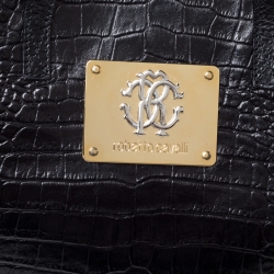 Roberto Cavalli Black Croc Embossed Leather Logo Plaque Tote