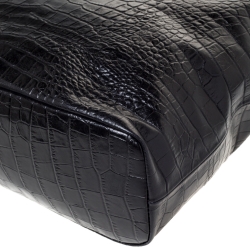 Roberto Cavalli Black Croc Embossed Leather Logo Plaque Tote
