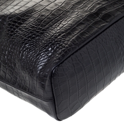 Roberto Cavalli Black Croc Embossed Leather Logo Plaque Tote