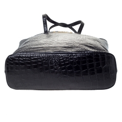 Roberto Cavalli Black Croc Embossed Leather Logo Plaque Tote