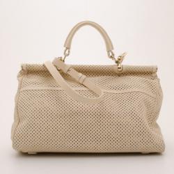 Roberto Cavalli Cream Grande Diva Perforated Leather Doctor Bag 