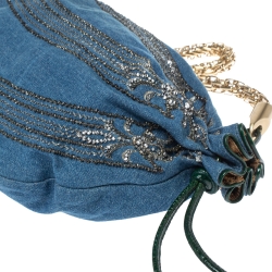 Pre Owned Roberto Cavalli Blue/Green Denim and Patent Leather Embellished Chain Hobo