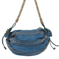 Pre Owned Roberto Cavalli Blue/Green Denim and Patent Leather Embellished Chain Hobo