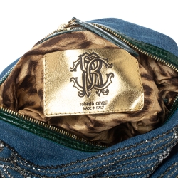 Pre Owned Roberto Cavalli Blue/Green Denim and Patent Leather Embellished Chain Hobo