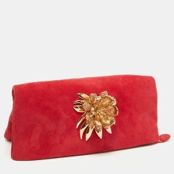 Roberto Cavalli Red Suede Crystal Embellished Metal Flower Foldover Clutch