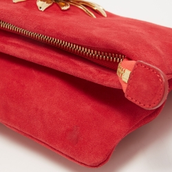 Roberto Cavalli Red Suede Crystal Embellished Metal Flower Foldover Clutch