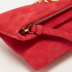 Roberto Cavalli Red Suede Crystal Embellished Metal Flower Foldover Clutch