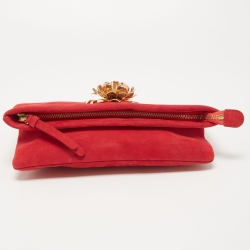 Roberto Cavalli Red Suede Crystal Embellished Metal Flower Foldover Clutch