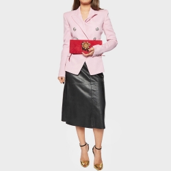 Roberto Cavalli Red Suede Crystal Embellished Metal Flower Foldover Clutch