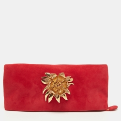 Roberto Cavalli Red Suede Crystal Embellished Metal Flower Foldover Clutch