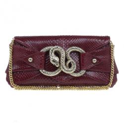 Pre Owned Roberto Cavalli Red Python Embellished Elaphe Clutch