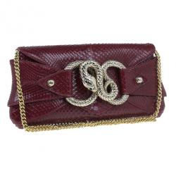 Pre Owned Roberto Cavalli Red Python Embellished Elaphe Clutch