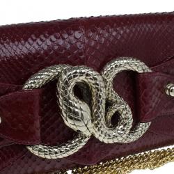 Pre Owned Roberto Cavalli Red Python Embellished Elaphe Clutch