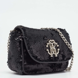 مملوكة مسبقًا Roberto Cavalli Black Sequins RC Logo Chain Bag