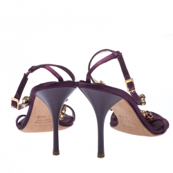 Pre Owned Roberto Cavalli Purple Satin Crystals Embellished T Strap Sandals Size 39