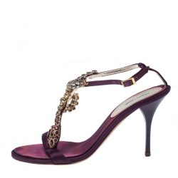 Pre Owned Roberto Cavalli Purple Satin Crystals Embellished T Strap Sandals Size 39