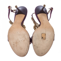 Pre Owned Roberto Cavalli Purple Satin Crystals Embellished T Strap Sandals Size 39