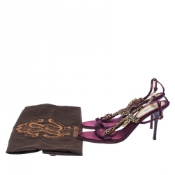 Pre Owned Roberto Cavalli Purple Satin Crystals Embellished T Strap Sandals Size 39